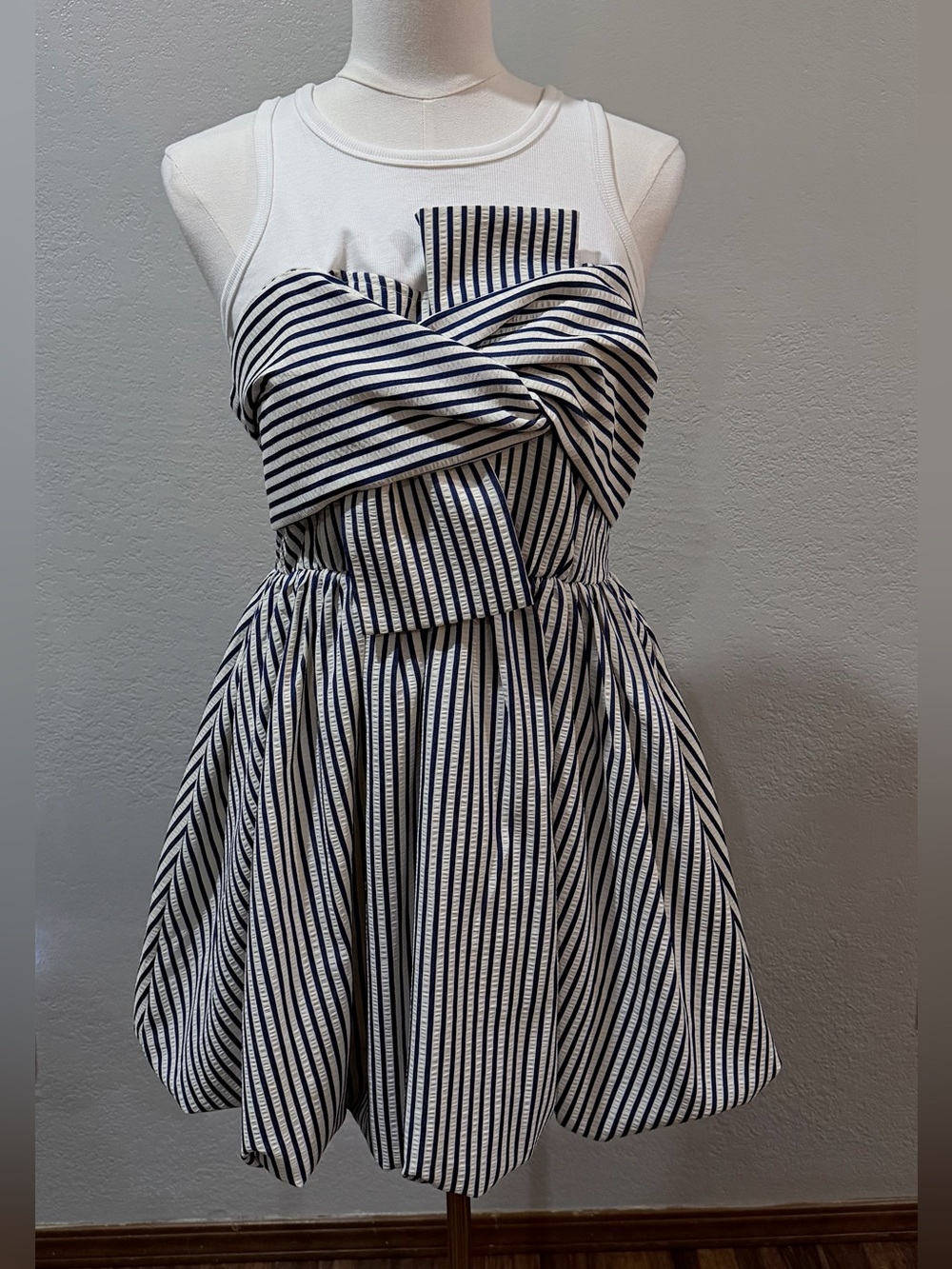 Anthropologie Porridge Bubble Hem  Striped Bow-Front Dress - White & Navy NWT M